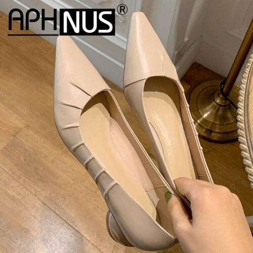 APHNUS Womens Shoes Pleated Slouch Low Mid Heels Pumps Woman 2021 Shoes For Women New