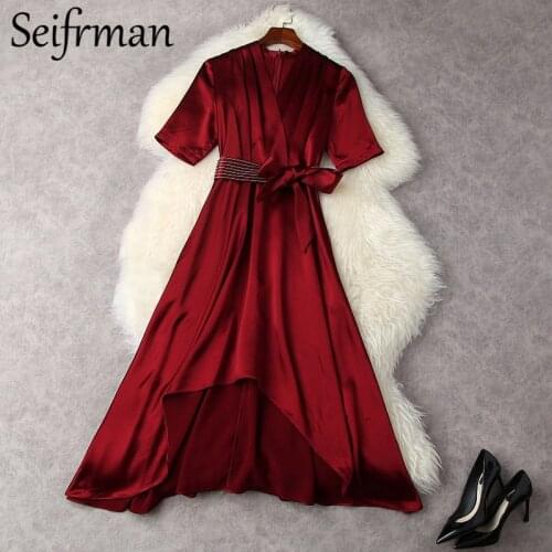 Seifrmann New 2021 Summer Women Fashion Runway Asymmetrical Dress Short Sleeve Bow Sashes Elegant Printed Midi Dresses Vestidos