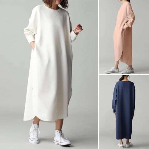 ZANZEA Women Autumn Pocket Sweatshirt Dress Round Neck Long Sleeves Vestidos Lady Casual Side Fork Irregular Robe