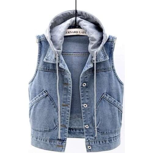 Spring Autumn All Match Womens Denim Vest 2021 Fashion New Casual Female Waistcoat Plus Size 5XL Hooded Sleeveless Jean Outwear