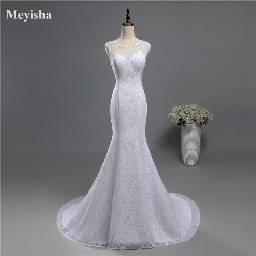 ZJ9141 lace White Ivory Round Neck Mermaid Fishtail 2019 Wedding Dresses for brides plus size maxi formal Customer made train