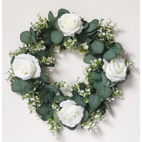 White Rose Eucalyptus Globulus Artificial Wreaths 45cm Artificial Flower Plant Garlands Home Door Wedding Party Decoration