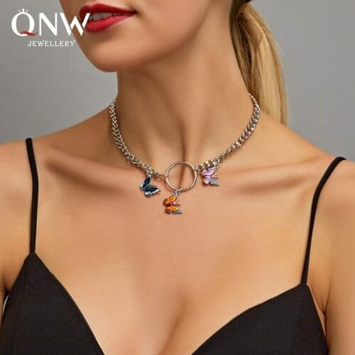 2020 Ladies Girls Girlfriends Femininity Cool Metal Thick Chain Clavicle Chain Retro Color Butterfly Charm Necklace Female