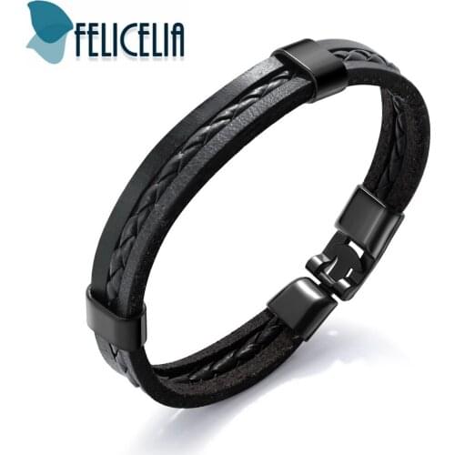 Felicelia Vinatge Black/ Brown PU Leather Bracelet For Men Boys Handmade Jewelry Braided Rope Chain Wrap Bracelet Wristband
