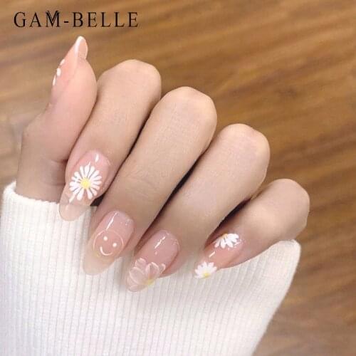 GAM-BELLE 24Pcs Clear Flower Pattern Fake Nails French Long Oval Full Cover Artificial Press On Nails DIY Manicure Nail Art Tool