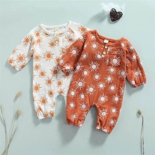 Baby Cotton Linen Rompers Autumn Toddler Infant Kids Boys Girls Sun Print Long Sleeve Rompers Jumpsuits Overalls Long Pants