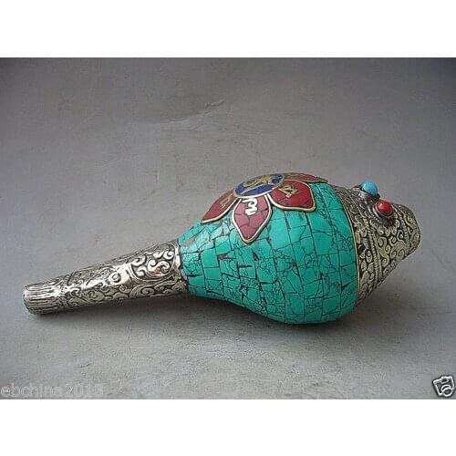 Fine antique Miao-Silver Old white Copper TIBET SILVER PLATED INLAY TURQUOISE&CORAL HAND OLD CONCH EXORCISM STATUE