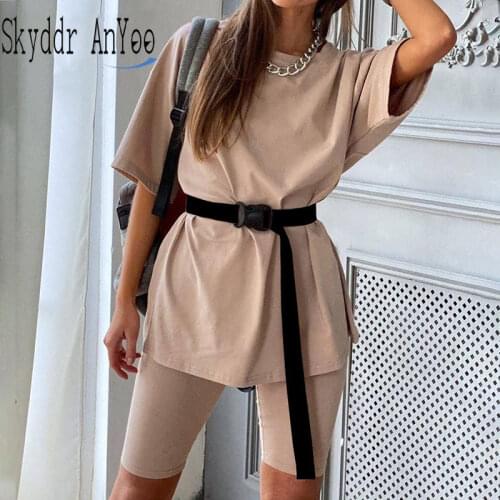 Summer Casual Suit Woman Two Piece Set Loose Lounge Wear Women Solid 2 Piece Set Tracksuit Top+Biker Shorts Two Piece Outfits