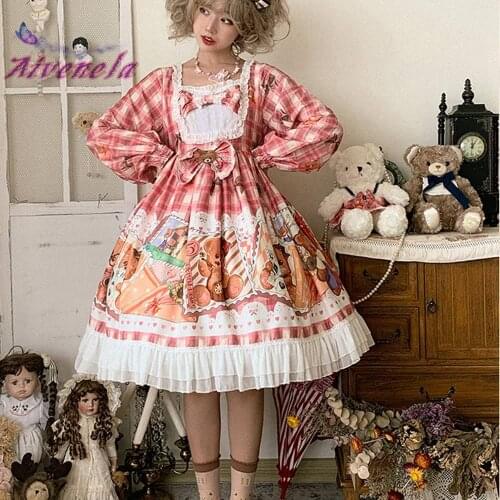 Japanese Lolita Sweet OP Dress Soft Girl Long Sleeve Dresses Bow Lace Printed Cartoon Kawaii Girls Women Plaid Vestidos AFC932