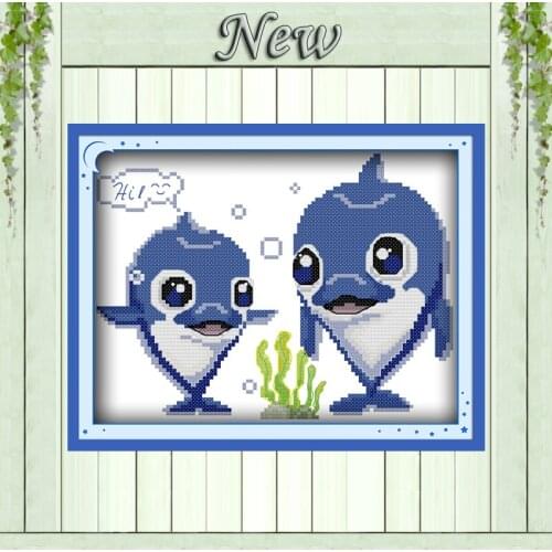 Lovely dolphin cartoon home decor Counted Print on canvas DMC 14CT 11CT DIY Cross Stitch Needlework Kits Embroidery Sets animals