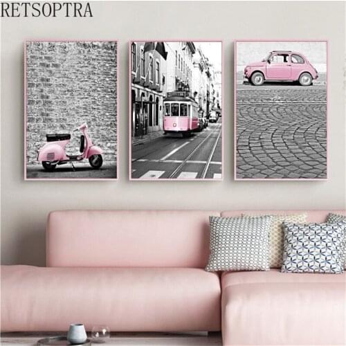 Fashion Wall Art Canvas Print Poster Retro Bus Pink Motorcycle Decorative Painting Unframed for Girl Bedroom Decor Modern