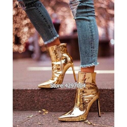 Hot Fashion Woman Mirror Gold Silver Boots Metallic Leather Ankle Boots Pointed Toe High Heels Ladies party Shoes Women Booties