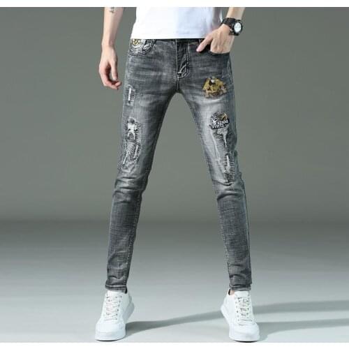 Mens high quality slimming denim pants embroidery stretch jeans trendy ripped street jeans new style casual gray jeans for men