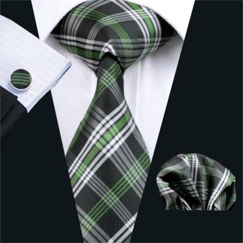 FA-906 Mens Tie Green Plaid Silk Jacquard Neck tie Classic Tie Hanky Cufflinks Set Ties For Men Business Wedding Free Shipping