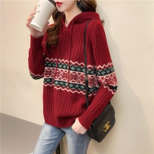 2021 New Spring Autumn Retro Wear Korean Fashion Hooded Splicing Sweaters Loose Long Sleeve Top Knitting Pullovers Jersey Mujer