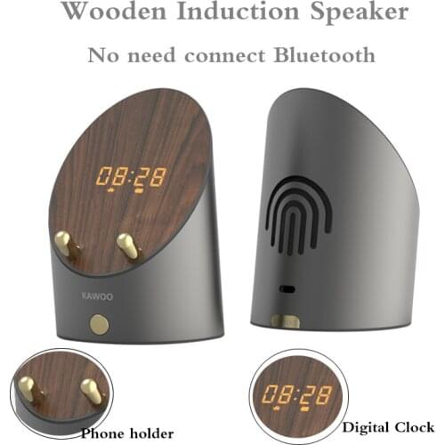 New Design Dual Mode Speaker Wooden Speaker Smart Sensor Mobile Phone Holder Mini Desktop Wireless Alarm Clock Bluetooth Speaker
