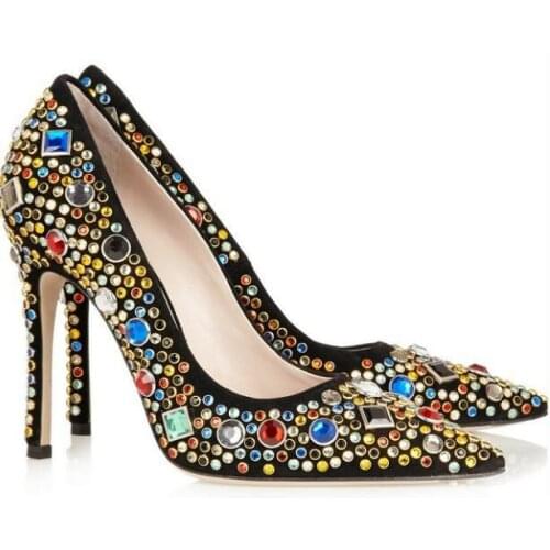 Studded heels sexy high heel pointed toe super high thin heels slip-on crystal decoration women shoes casual&party shoes black