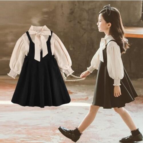 Cultiseed Big Girls Cute Sweet Bow Collar Lantern Sleeve Shirts+Vest Strap Dress 2pc Sets Clothing Children Princess Party Gowns