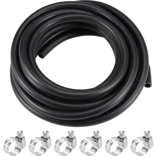 Uxcell Fuel Line Hose 6mm(1/4") ID 9mm OD 16ft Oil Line & Fuel Pipe Rubber Water Hose Black, 6 Clamps