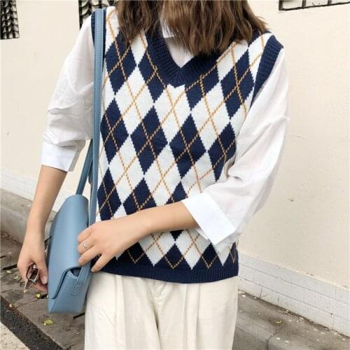Urifens Sweater Vest Women Preppy Style Plaid Knitted Sweater V-Neck Oversize Sleeveless Korean Style Harajuku Sweater BN33U