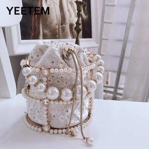 Pearl crossbody Chain Metal Bucket Bag Luxury Design Banquet Star Cotton Cloth Bag Party Lady Handbag Cross Bag Lady Bag Wallet