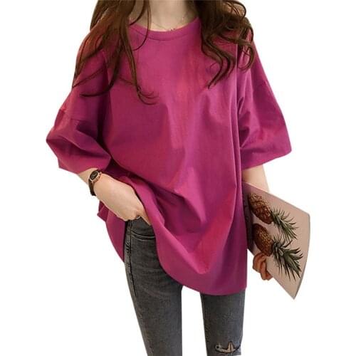 QRWR Women T Shirts 2021 Korean Summer O Neck Solid Preppy Style Womens Top Casual Short Sleeve Straight Oversized T Shirt