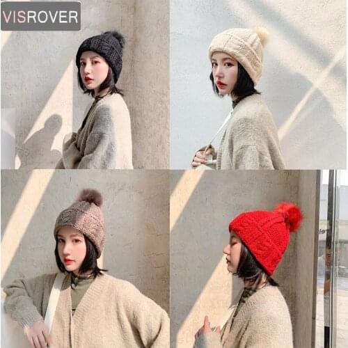 VISROVER 4 colorways acrylic winter hat for woman solid color pompom autumn beanies warm soft bonnet skullies wholesales gift