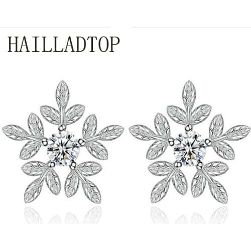 Women Piercing Jewelry Crystal Lovely Flowers Leaves 5A CZ Stud Earrings Ear Jewelry Fashion Silver Color Snowflake Earrings