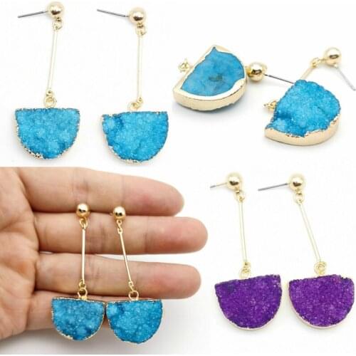 Natural Druzy Stud Earrings Semicircle Quartz Crystal Stone Gold Color Pendant Earring for Women Fashion Jewelry Gifts