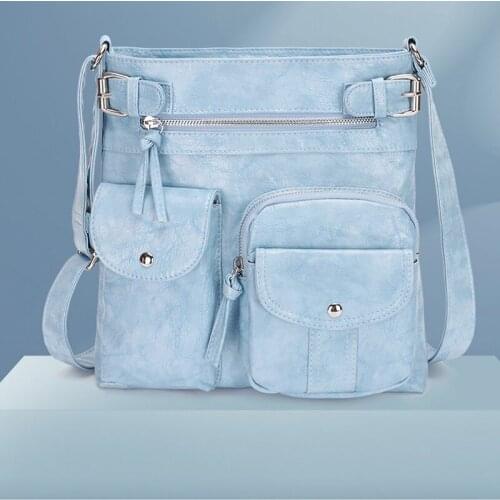 Female Light Blue PU Crossbody Bag front Solid Color Zipper Multifunction Pockets Phone Purse Women Fashion Leather Shoulder Bag