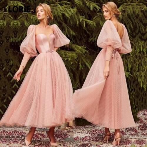 LORIE Fairy Prom Dresses Sweetheart Puff Sleeves Bohemian Tea Length Blush Pink Party Dress for Graduation robe fete femme