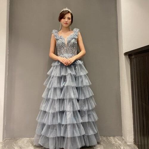Blue celebrity Split A-line wedding evening dresses for women 2021 New style Formal dress Occasion Cocktail party
