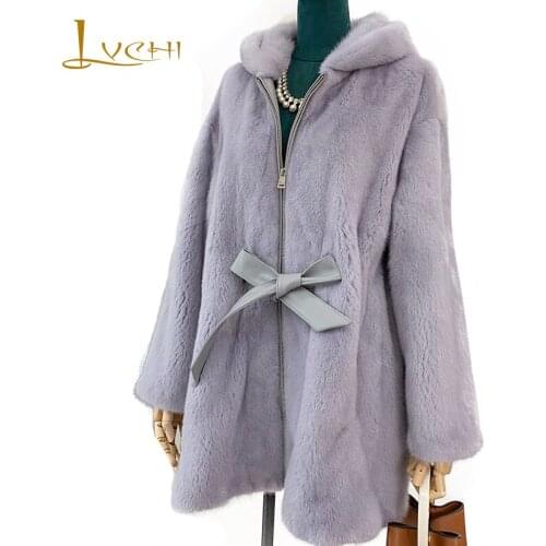 LVCHI 2019 Winter Velvet Mink Fur Coat Women Slim Loss Long Sleeve With Fur Hood Real Fur Coat Soft Medium Sashes Mink Fur Coats