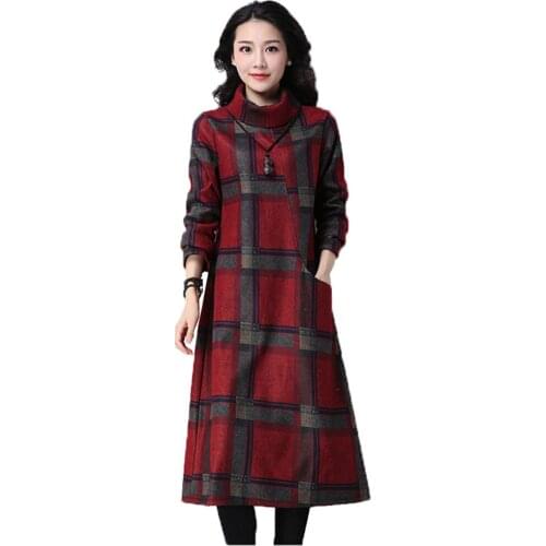 Winter Women Dress Turtleneck Long Sleeve Plus velvet Thicken Plaid Dress 2020 New Casual Loose Woolen Dress Vestidos R327
