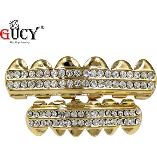 GUCY Bling Rhinestone 2 Rows Gold Teeth Grills Caps Top&Bottom Hip hop Tooth Grillz Dental Party Vampire Cosplay Teeth Jewelry