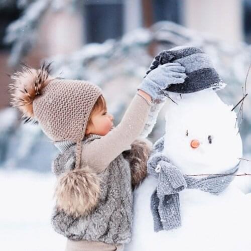 Real Fox Ball Kitted Hat for Kids Beanie Hat Knitted Wool Fashion Warm Hat Girls Boys Solid Kids Outdoor Pom Poms Caps