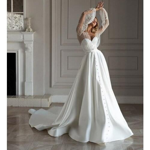 Elegant Long Sleeve V-Neck Wedding Dresses with Pockets A-Line Zipper Back Satin Robes De Mariée Bridal Gown For Women