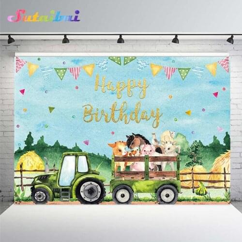 Farm Animal Backdrop for Kids Birthday Party Background Boys Girls Tractor Theme Banner Cake Table Decorations Photo Booth Props
