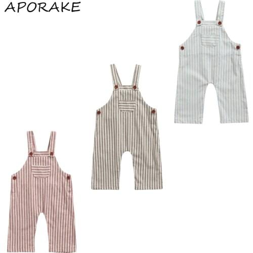 2021 0-18M Casual Baby Boy Girl Romper Overalls Striped Print Pocket Button Sleeve Jumpsuit Long Pants Summer Fall Outfit