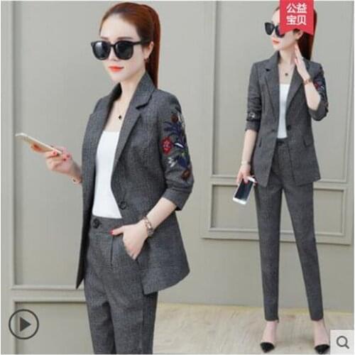 2 piece set women Trending Products 2019 Checkered jacket embroidered Fashion plaid suit two-piece suit spring Youth clothing