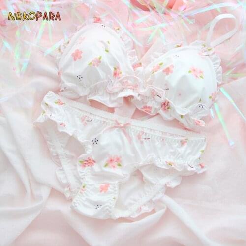 Pink Sakura Cute Japanese Bra & Panties Set Wirefree Soft Underwear Sleep Intimates Set Kawaii Lolita Color White