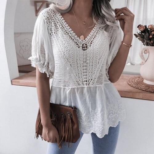 Ruffle Lace Patchwork Womens Blouses V-Neck Puff Short Sleeve Female Tops 2021 New Spring Summer Korean Fashion Ladies Blouse