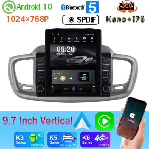 9.7" Vertical Style PX6 4+64G Radio GPS Car Media Player For Kia Sorento 3 Prime LHD 2015-2019 DSP Android 10 360 4*AHD Camera