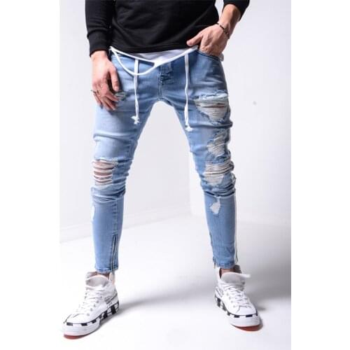 Trendy Men Skinny Jeans Biker Destroyed Frayed Fit Denim Ripped Denim Pants Side Stripe Pencil Pants Hip Hop Streetwear