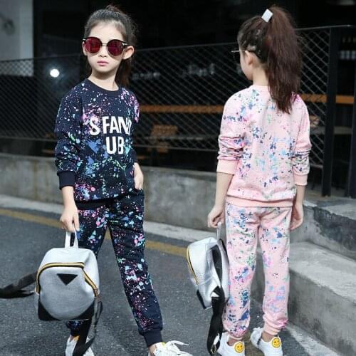 Spring And Autumn New Girl Clothes Set Korean Graffiti Round Neck Long Sleeve Sweatshirt + Sweatpants Sports Suit 2 Piece Set