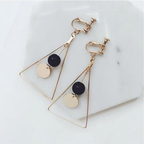 Grace Jun New Arrival Round Triangle Shell Long Clip on Earrings Non Piercing for Girls Party Earrings Korea Style Bijoux