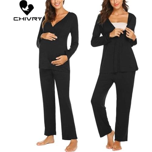 New Maternity Pregnant Women Pajamas Set Long Sleeve Nursing Baby Breastfeeding T-shirt Tops+Adjustable Pants Pajamas Nightwear