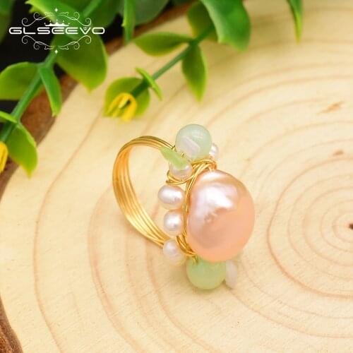 GLSEEVO Handmade Original Natural Pink Baroque Pearl Green Stone Ring For Women Wedding Engagement Fine Jewelry GR0233