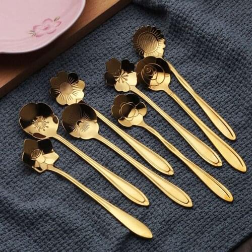 Tableware Coffee Stirring Spoon Ceramic Handle Flower Scoop Stainless Steel Gold Plated Cherry Rose Spoons Kitchen Tools