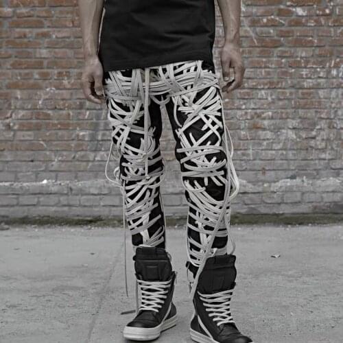 Casual Slim Pants 2021 Streetwear Fashion Tide Mens Wear High Street Patchwork Strings Bandage Males Trouser High Waist